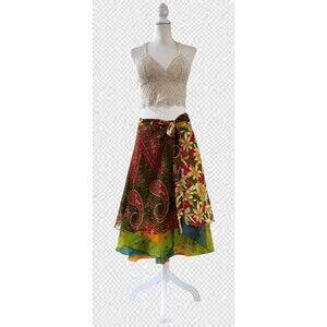 Kariza Boho Silk Blend Wrap Skirt Green Floral Paisley Midi Festival OSFA